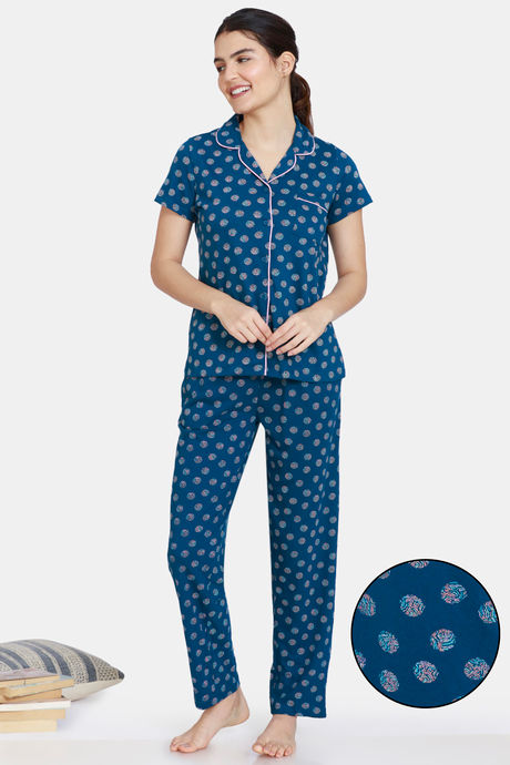 Buy Zivame Impression Knit Cotton Pyjama Set Sailor Blue at Rs.898 online Nightwear online